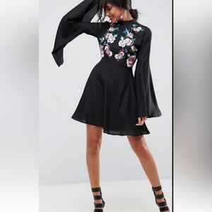 NWT ASOS Black Dress with Floral Bird Embroidery size 10